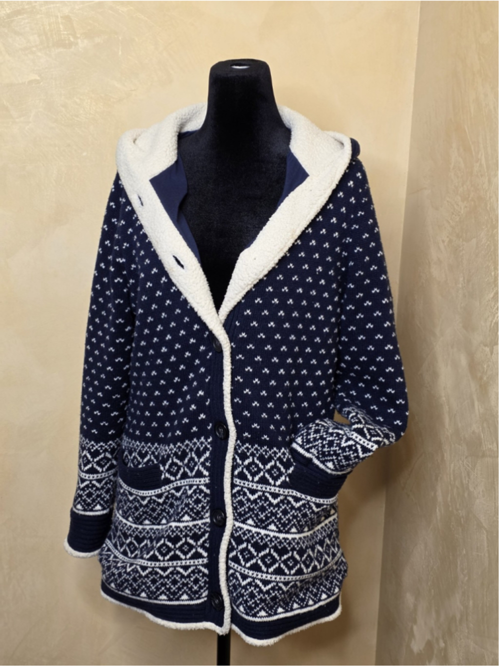 LL Bean Womens Medium Navy Blue Fair Isle Sherpa Lined Hooded Cardigan Sweater